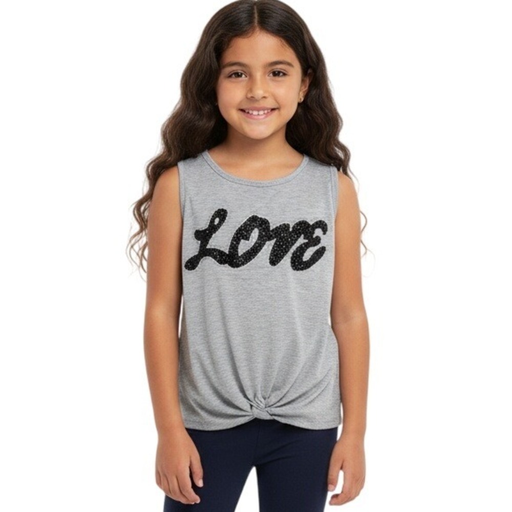 Lavish Girls Size Medium Gray Sequin Love Graphic Twist Front Tank Top‎ Knot